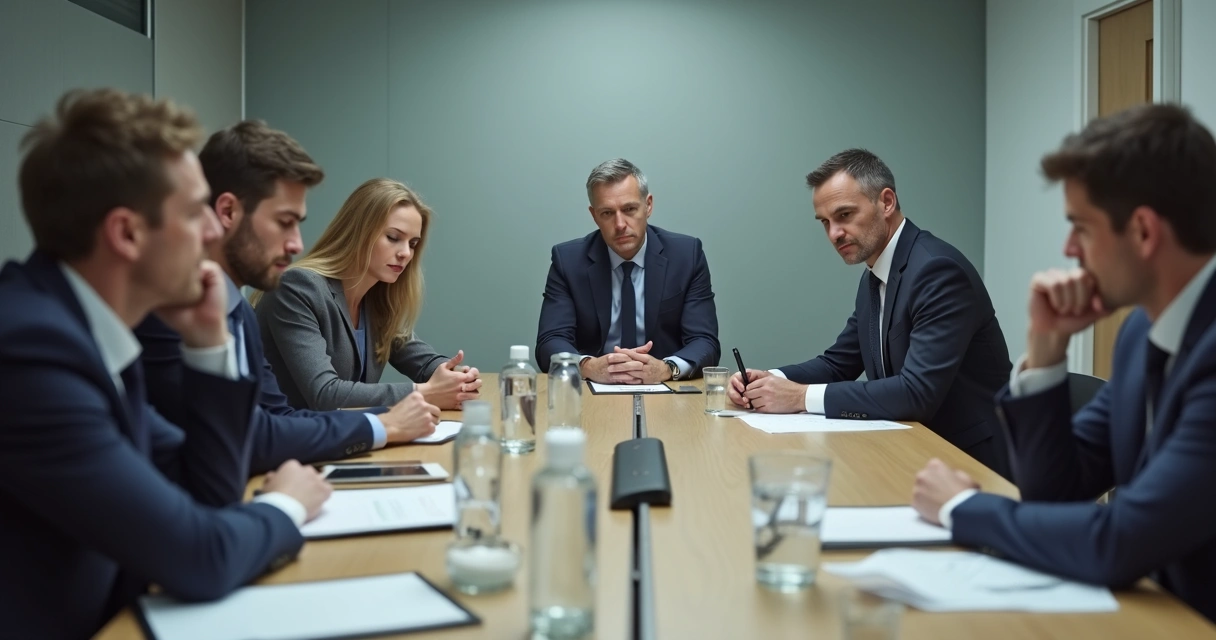 Colegas de trabalho sentados à mesa, alguns com expressão cansada, outros evitando contato visual. 