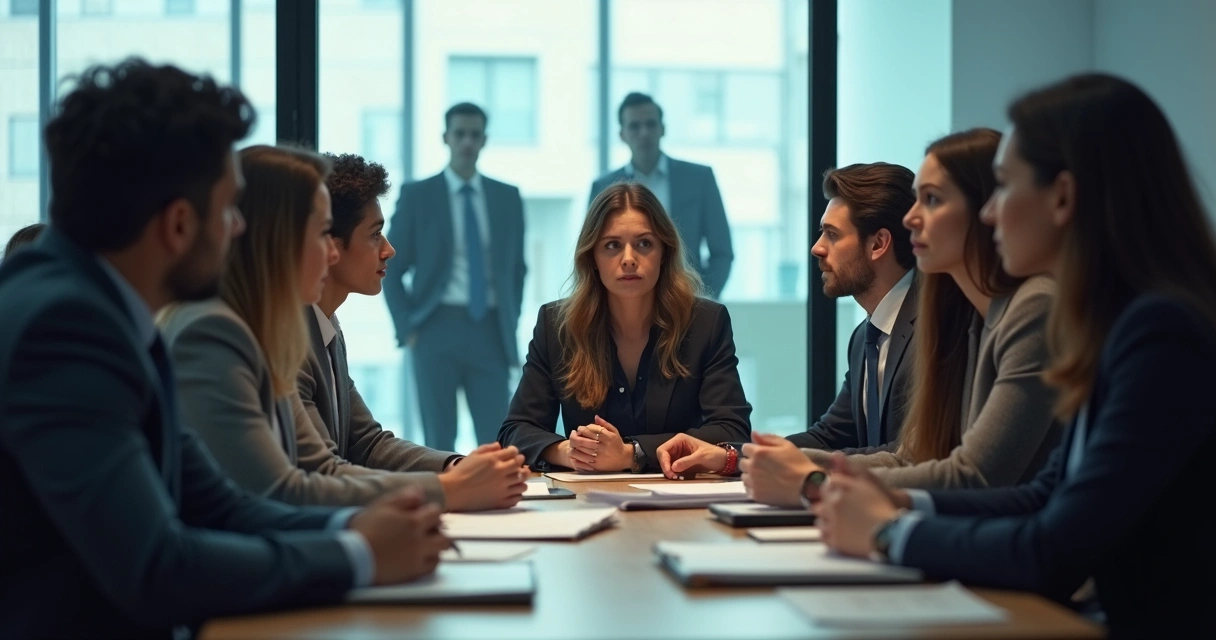 Equipe de trabalho em reunião tensa em sala corporativa 