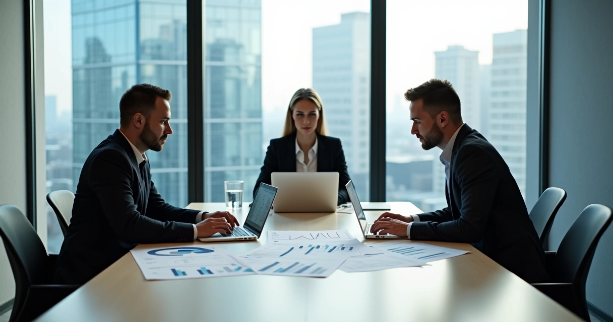 Três pessoas em reunião de negócios, analisando gráficos na mesa 
