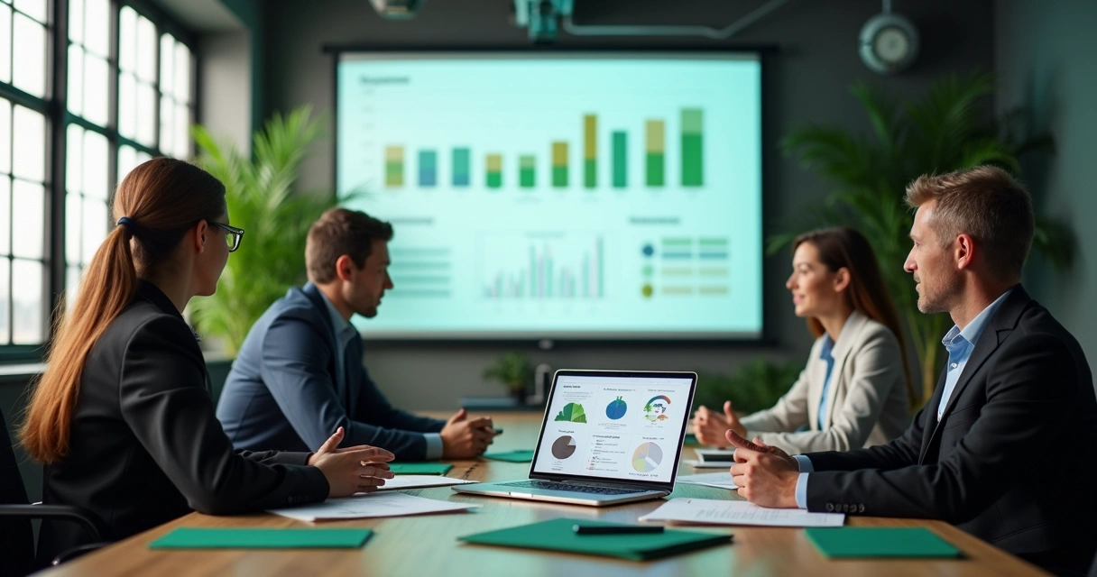 Reunião de engenheiros analisando estudo de impacto ambiental 