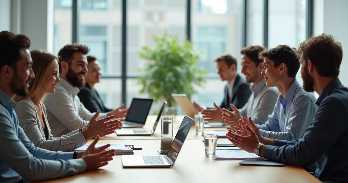 Equipe diversa em reunião de trabalho com ambiente de confiança e diálogo ético 