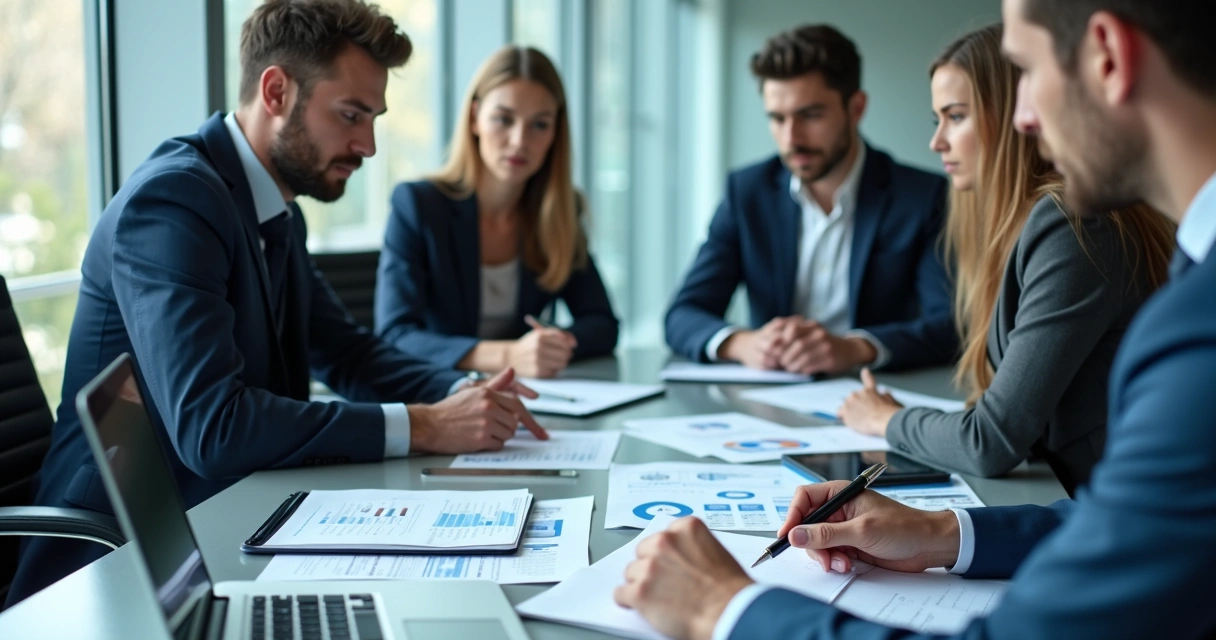 Reunião corporativa com documentos e expressão de tensão entre parceiros 