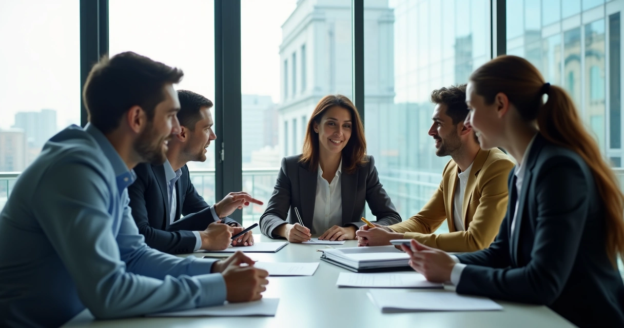 Reunião de equipe discutindo dilemas éticos em sala clara