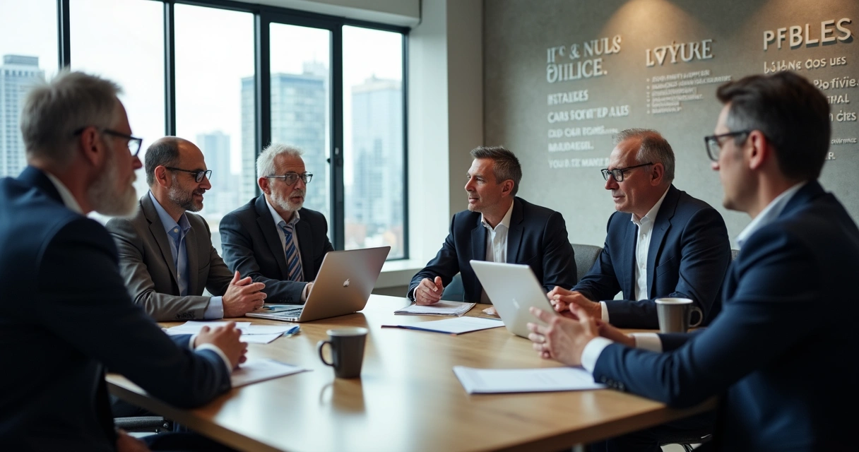 Reunião de líderes debatendo dilemas éticos em uma sala corporativa 