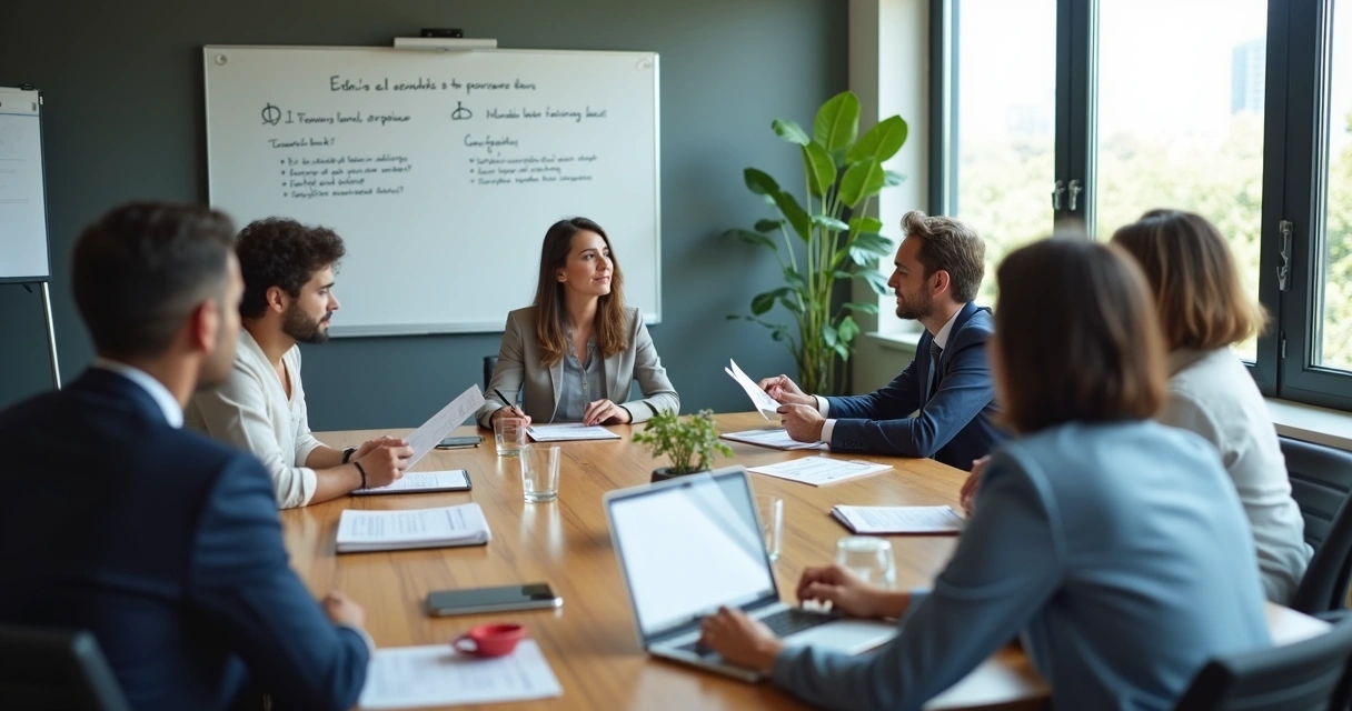 Equipe em reunião discutindo decisões éticas 