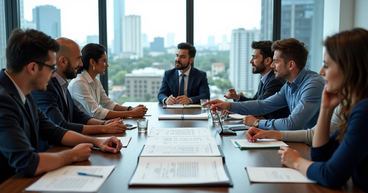 Equipe de empresa reunida analisando código ético 