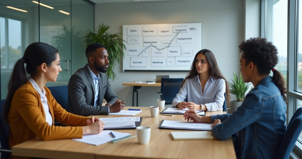 Equipe em reunião observando decisões éticas no trabalho