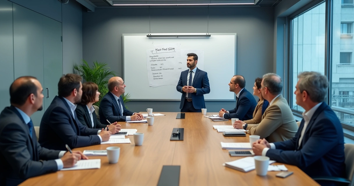 Equipe em reunião séria com liderança e quadro de metas 