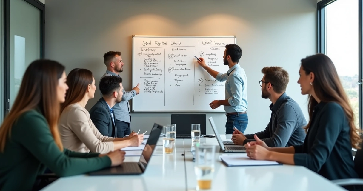 Equipe reunida definindo metas e valores em quadro visual