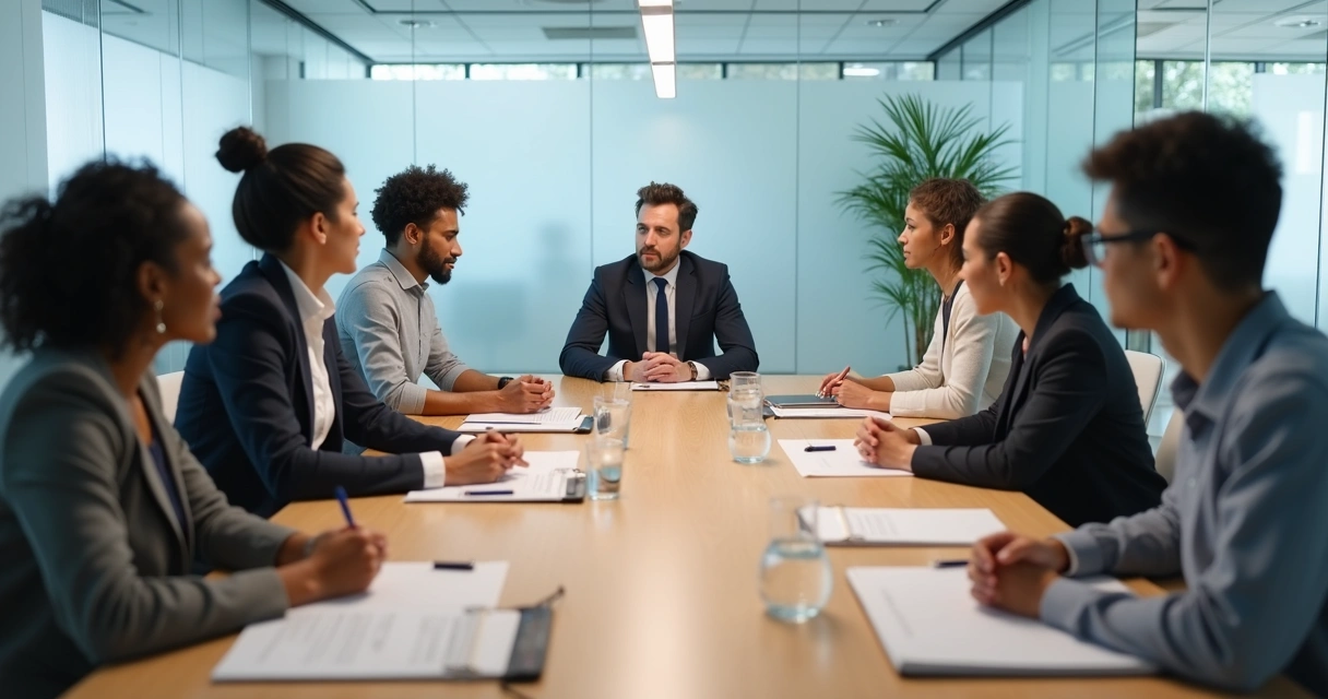 Equipe em reunião com diálogo respeitoso e ambiente corporativo claro