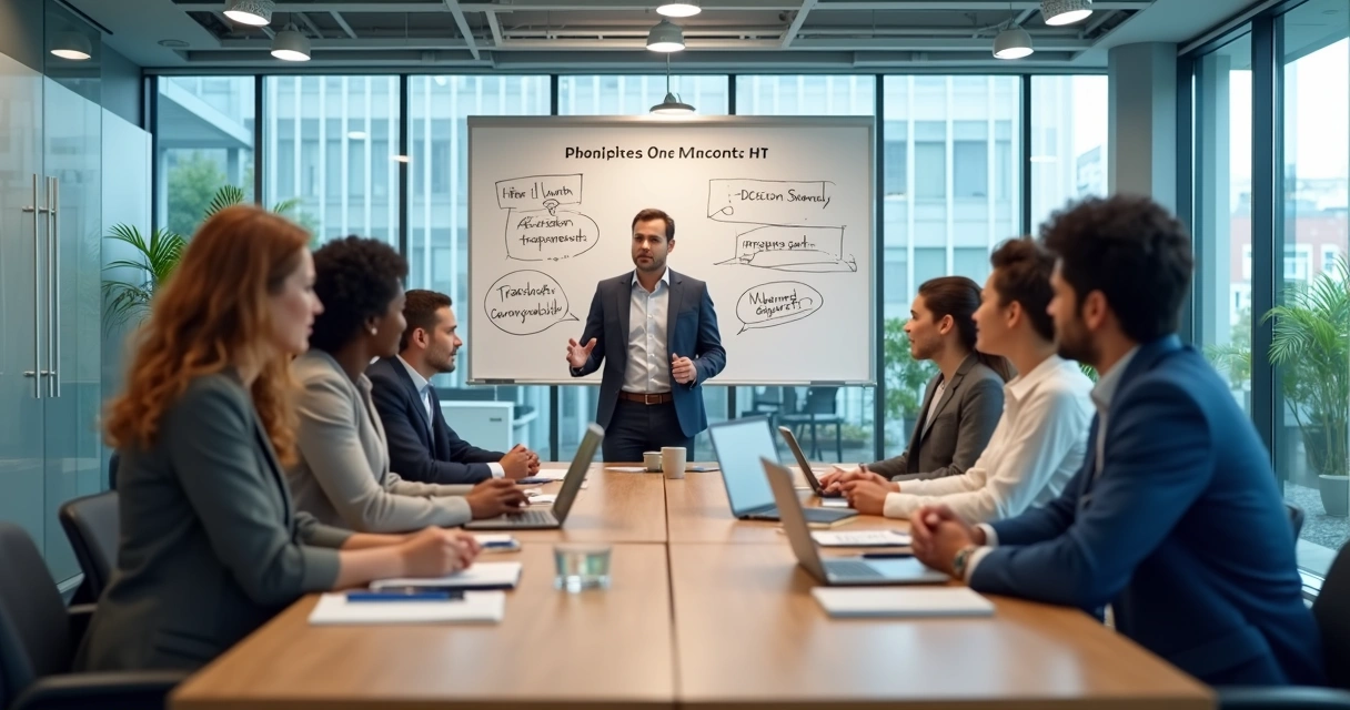 Equipe em reunião com quadro de princípios e decisões 