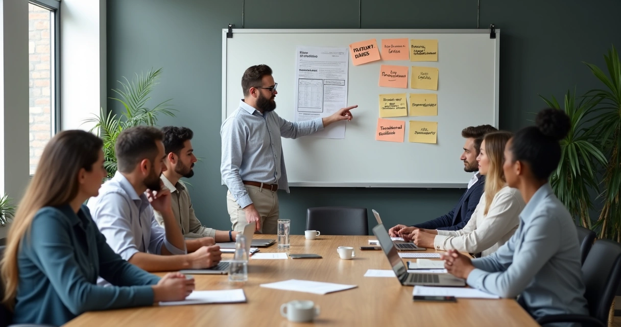 Equipe reunida analisando decisões em mesa de trabalho 