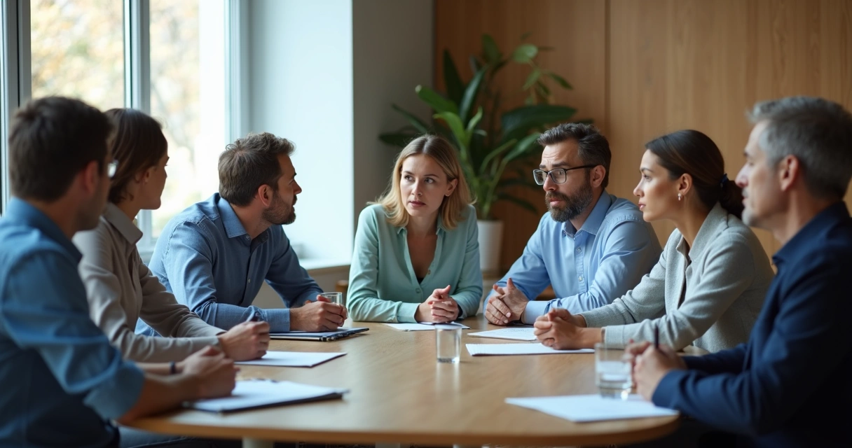 Pessoas em reunião observando expressões e votação 