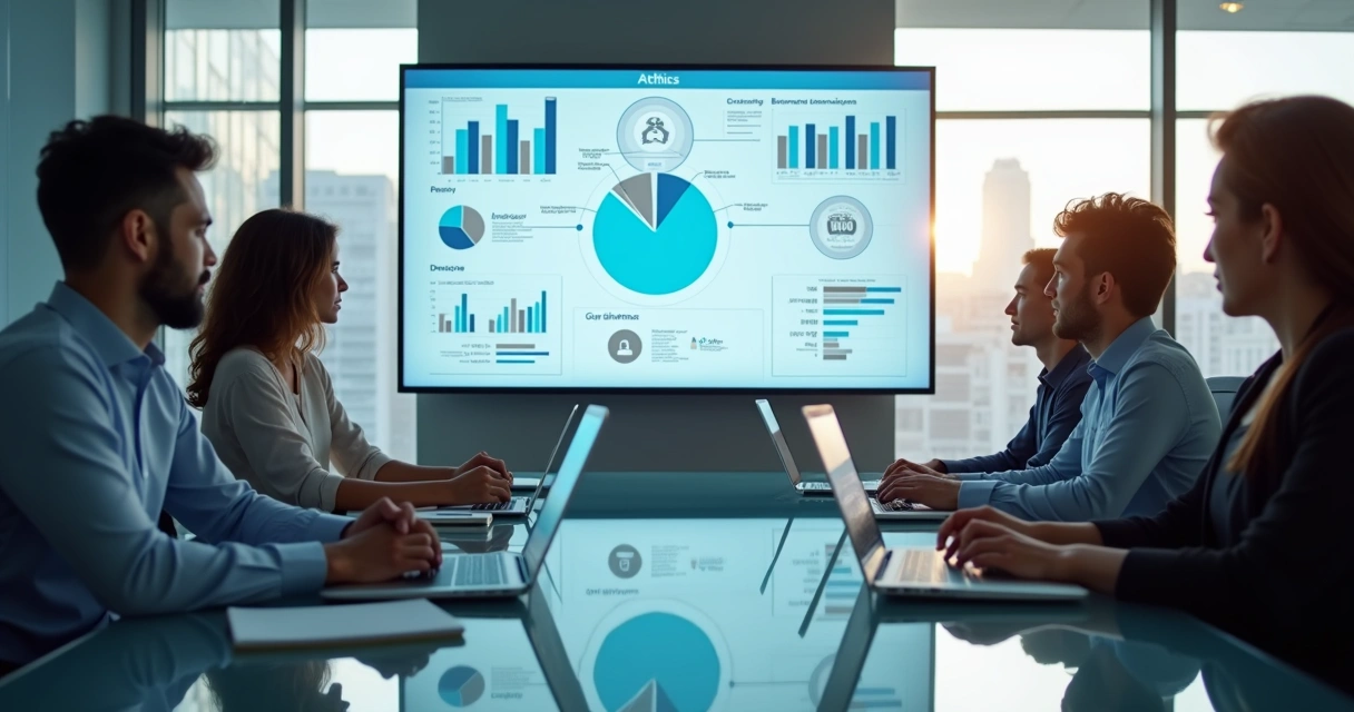 Equipe revisando painel de IA em reunião corporativa