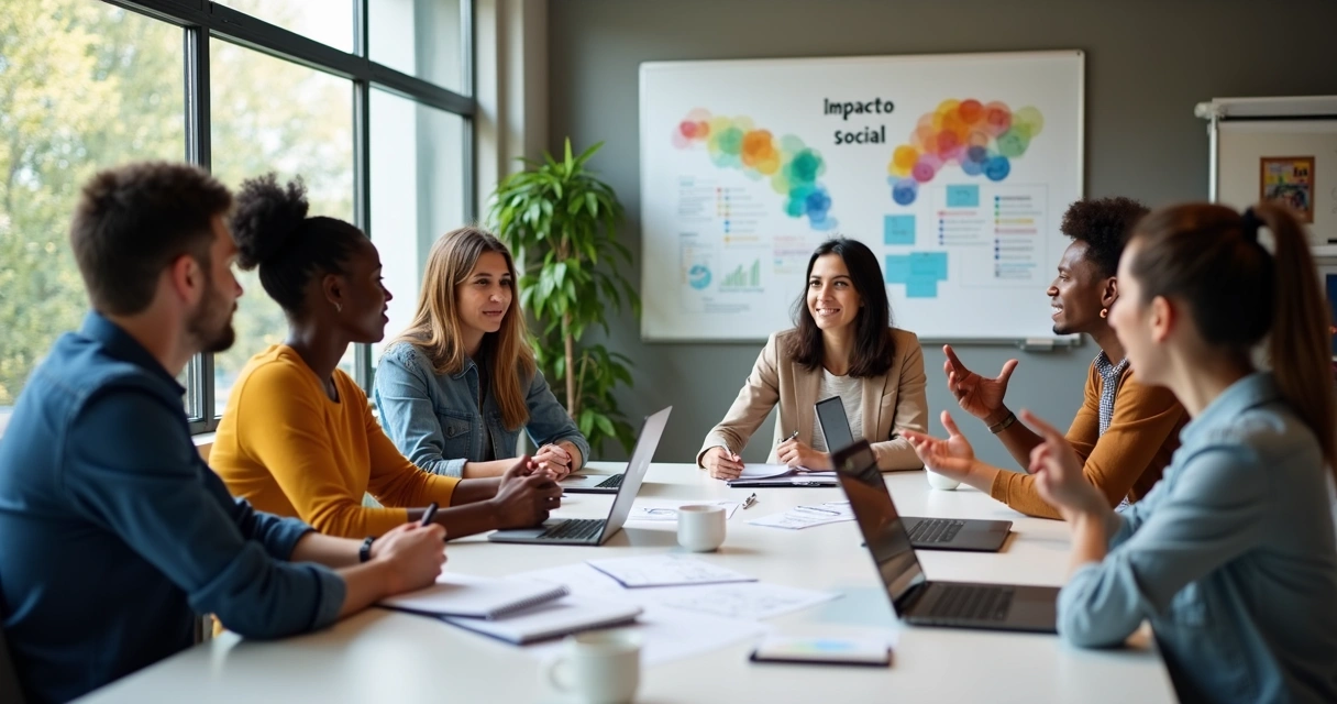 Grupo em reunião discutindo impacto social com ambiente colaborativo. 