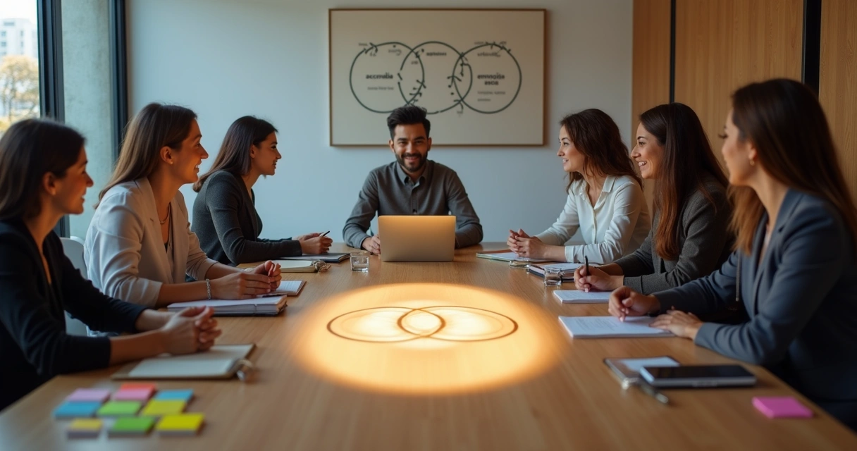 Equipe em sala de reunião colaborativa com símbolo de ética iluminado na mesa 