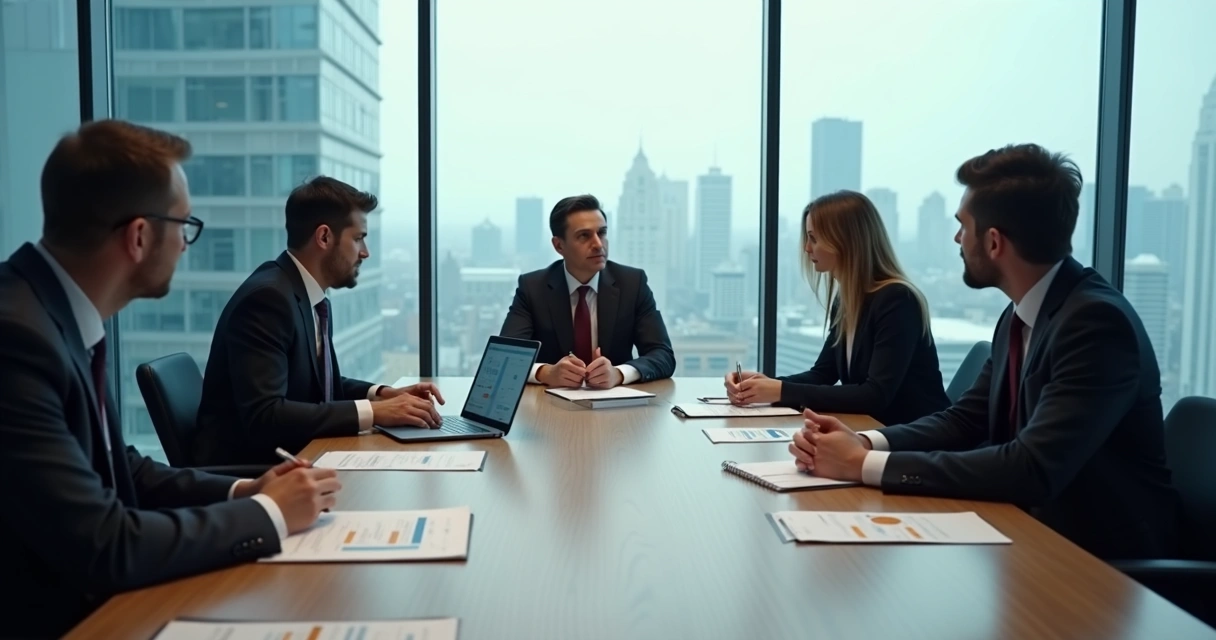 Reunião entre executivos e investidores com gráficos e anotações éticas 