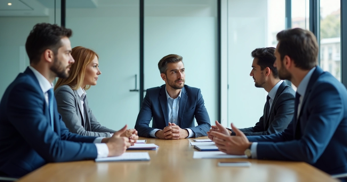 Equipe em reunião com líder ouvindo diferentes opiniões