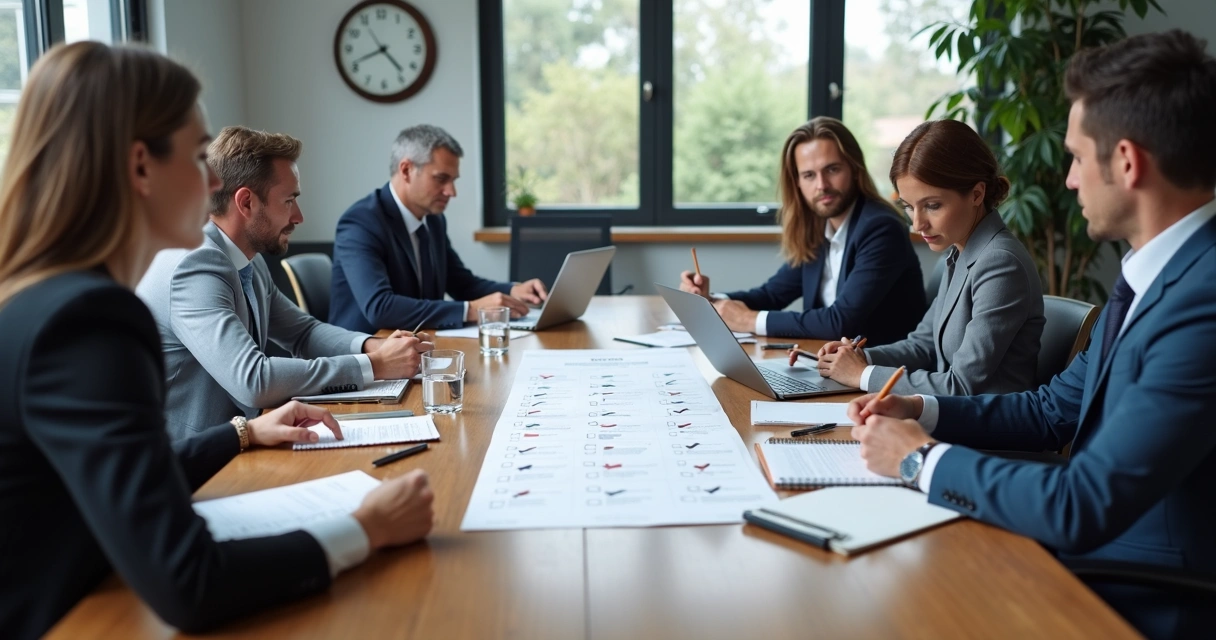 Líderes em reunião com checklist ético na mesa