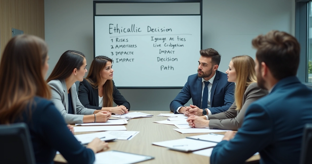 Equipe debatendo decisão ética em reunião 