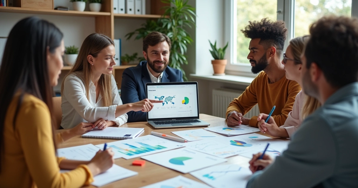 Grupo em reunião analisando dados de projeto social 