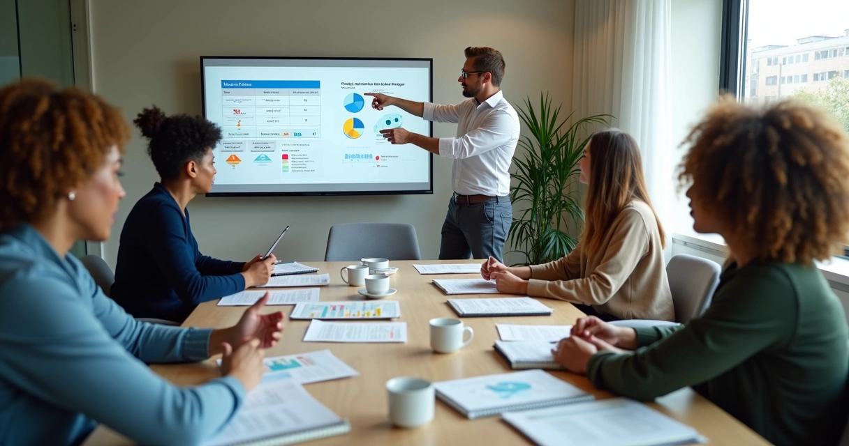 Equipe social analisando indicadores éticos em reunião