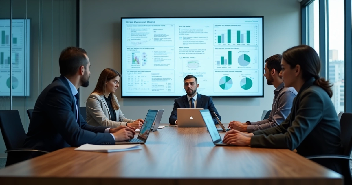 Equipe em reunião com painel de indicadores e foco em governança 