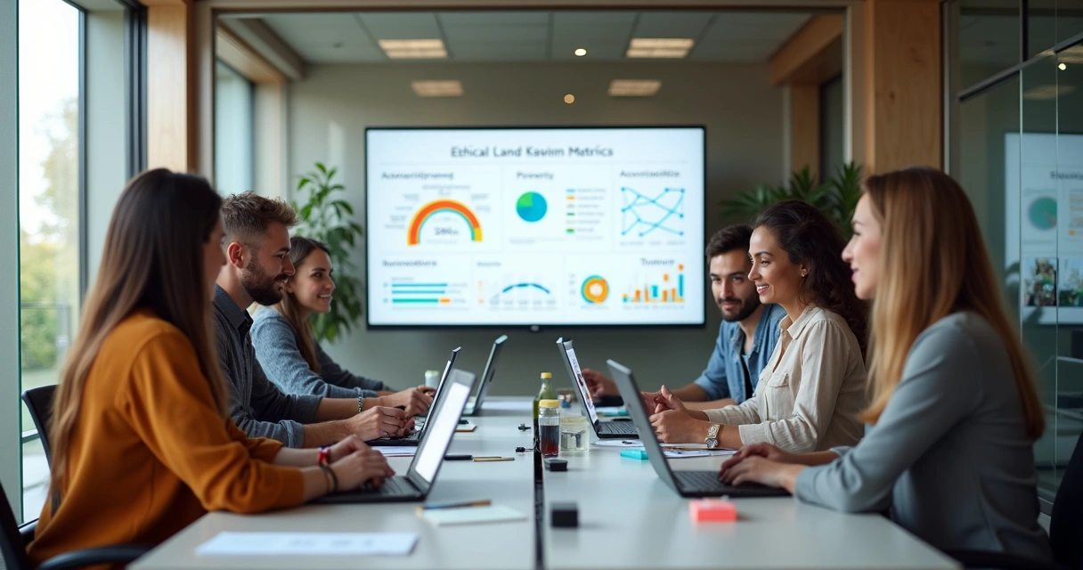 Equipe em reunião discutindo ética e tecnologia