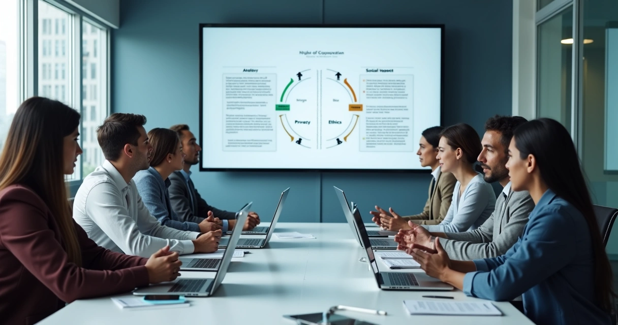 Equipe reunida analisando riscos éticos de tecnologia 