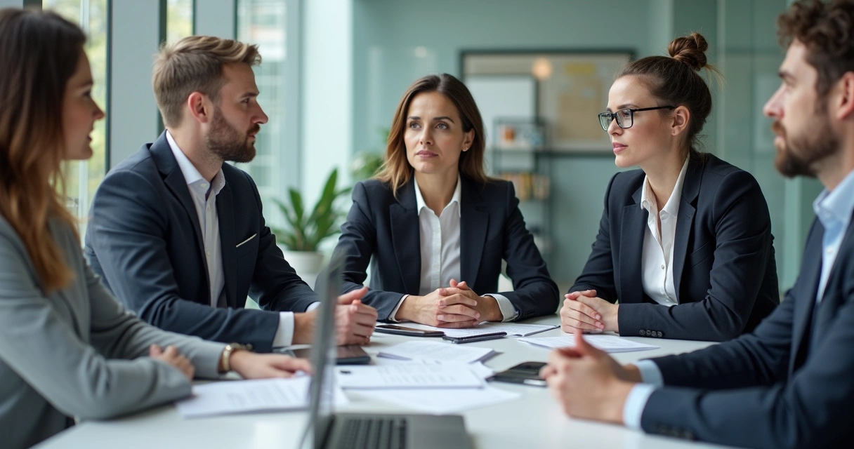 Profissionais em reunião discutindo ética e valores 