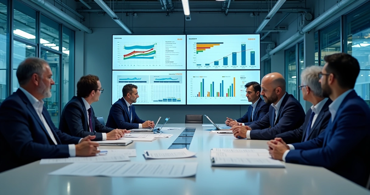 Reunião executiva com equipe industrial e painéis de indicadores