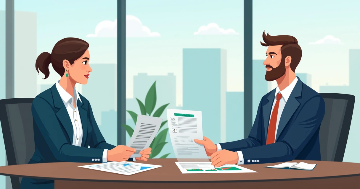 Executivo e consultor discutindo contrato de seguro em escritório, papéis e gráficos à mesa 