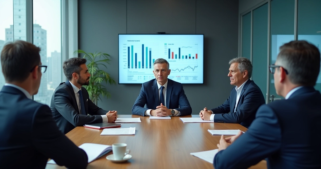 Executivos em reunião com clima tenso e gráficos ao fundo
