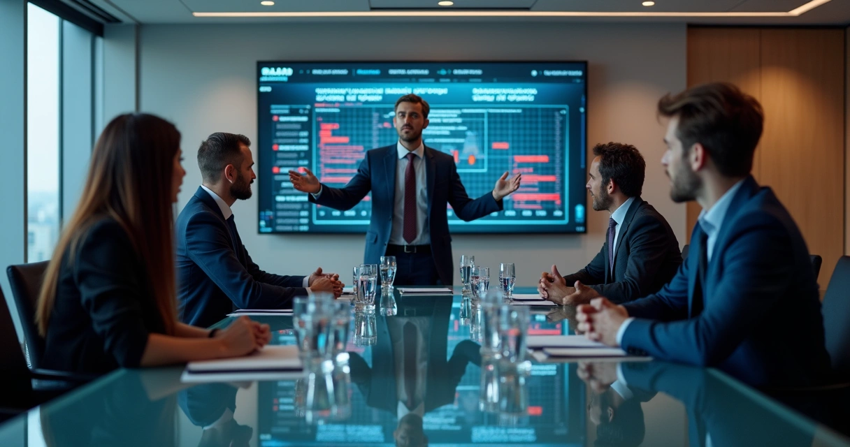 Executivos em reunião discutindo impactos de cibersegurança 