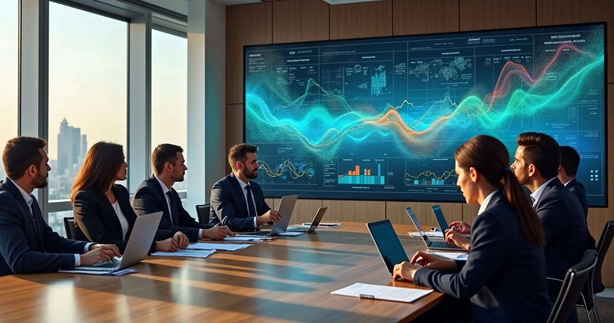 Equipe executiva em reunião observando painel com ondas emocionais coletivas 