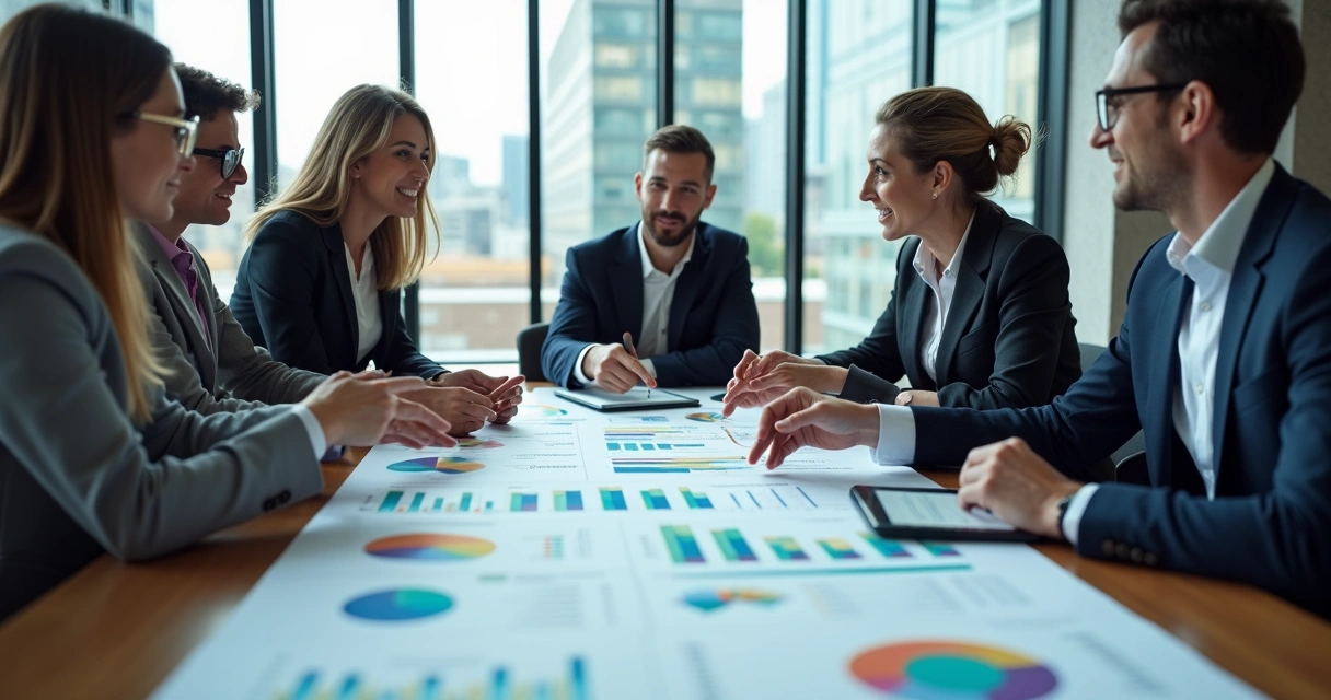 Executivos em uma reunião analisando documentos e gráficos de rentabilidade