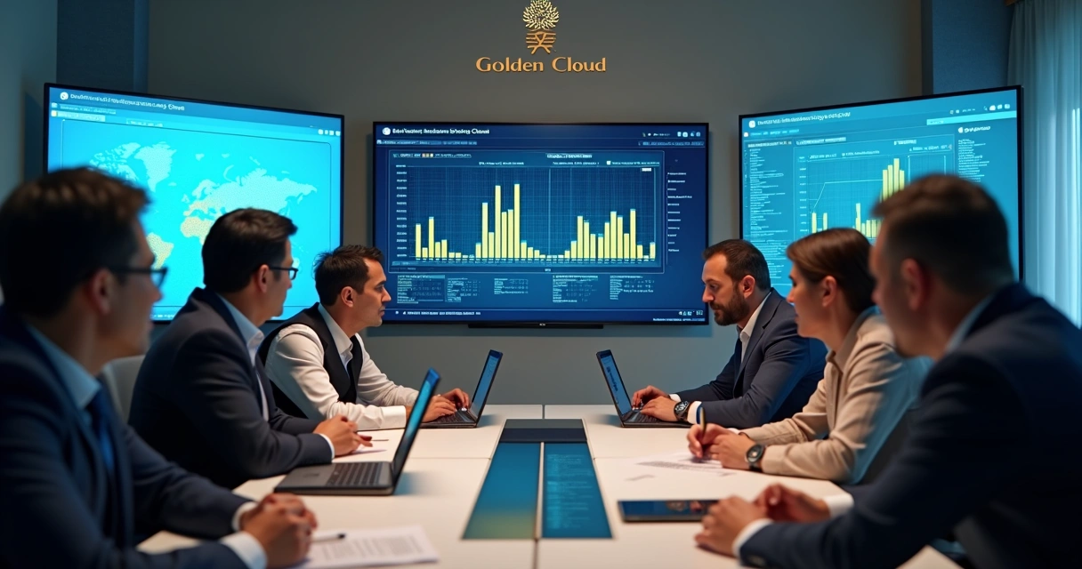 Executivos de tecnologia em reunião discutindo uma apresentação no monitor 