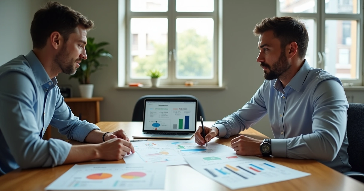 Empresário de PME apresenta plano de expansão de conta para cliente em mesa de reunião 