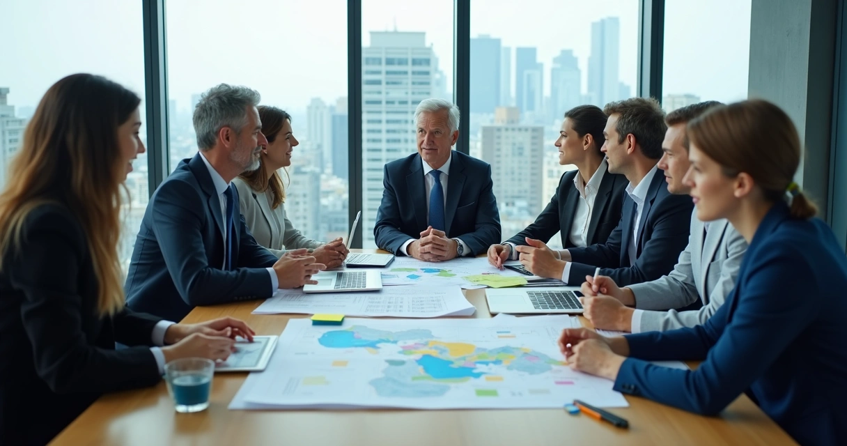 Reunião de liderança com mapa, gráficos e equipe em discussão