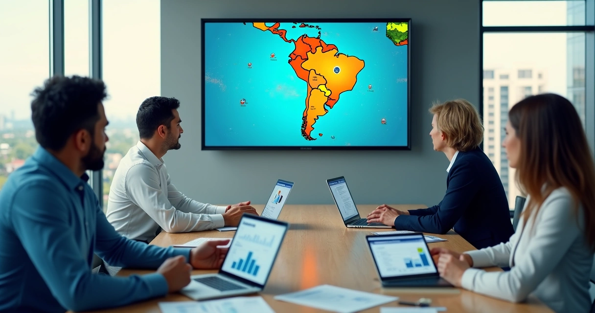Equipe analisando mapa com expansão de franquias destacada 