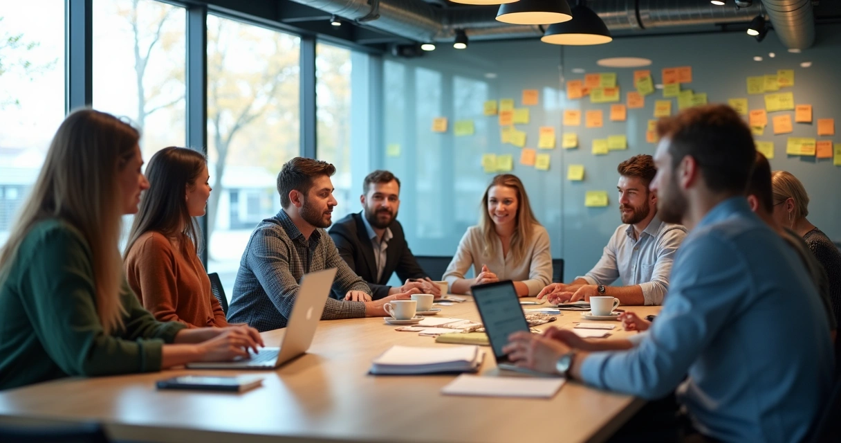 Equipe discute novas ideias de produtos em mesa com vários protótipos