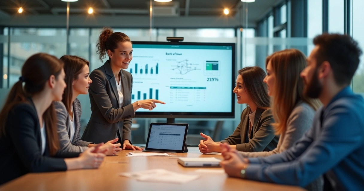 Supervisora explica regras de banco de horas para grupo de funcionários em mesa de reunião 