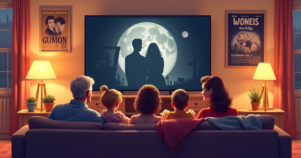Família reunida assistindo filme clássico na sala, tela ao fundo 