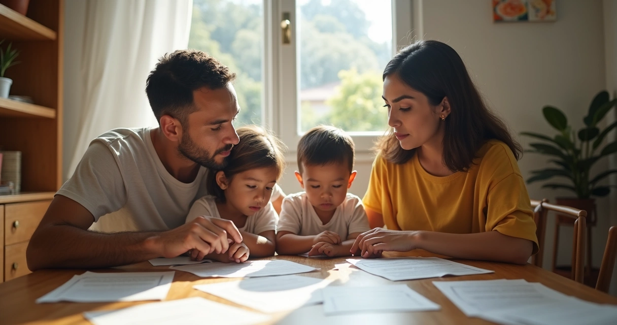 Família sentada à mesa apresentando documento do CadÚnico 