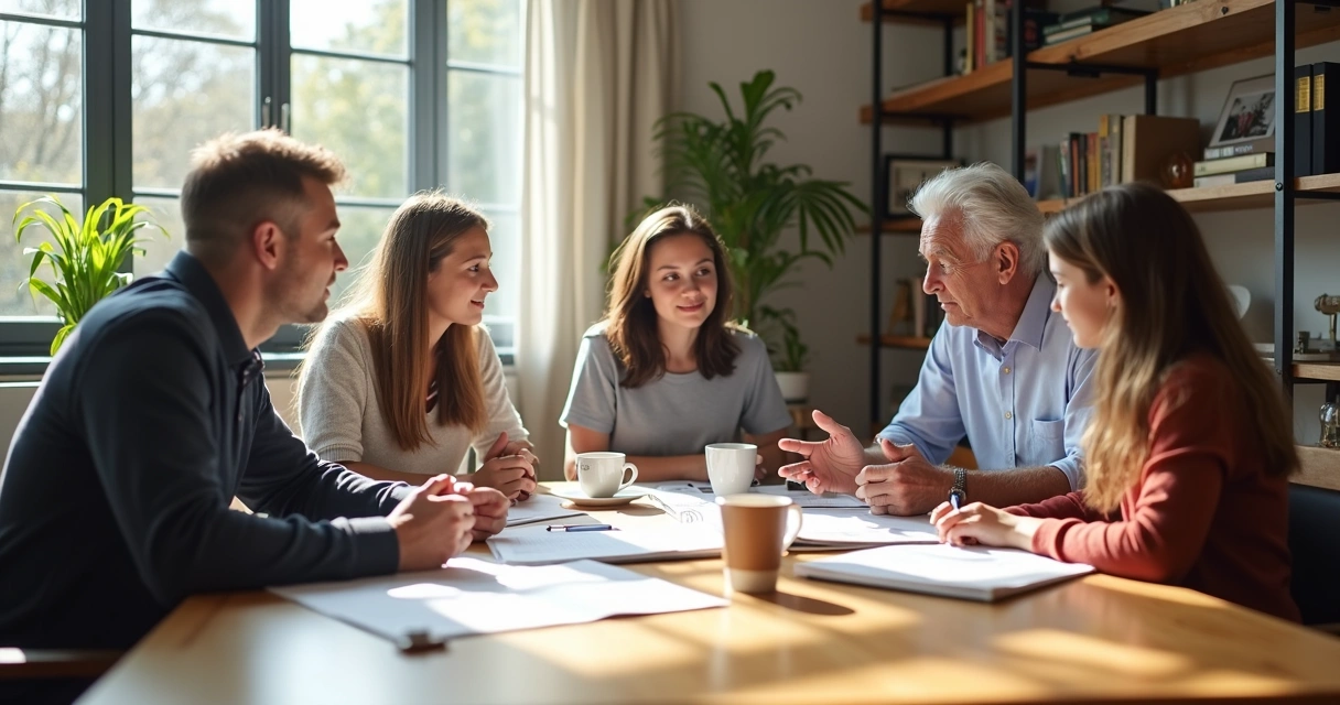 Familia reunida à mesa discutindo papéis empresariais e documentos 