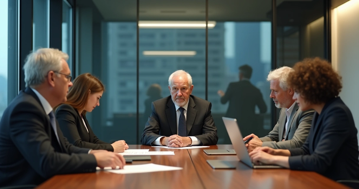 Reunião tensa entre família empresária em sala de conselho 