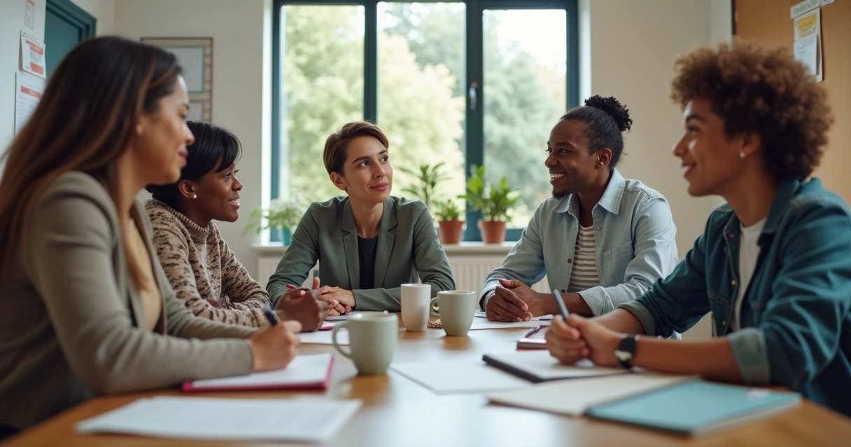 Reunião entre responsáveis e equipe escolar em ambiente acolhedor