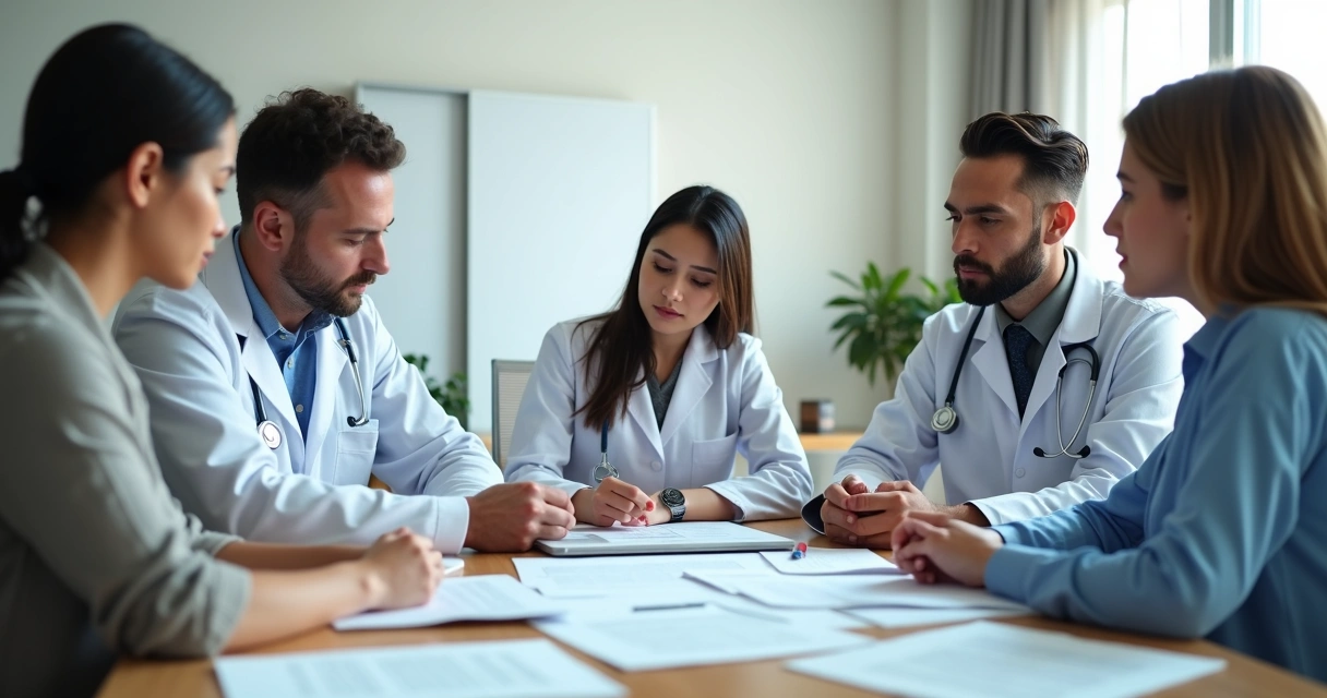 Família em reunião com equipe médica e documentos sobre decisão judicial 