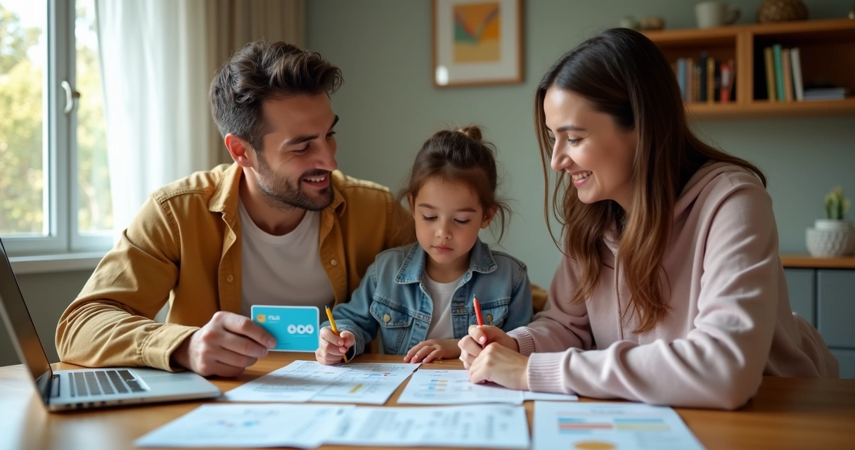 Família reunida à mesa revisando propostas de plano de saúde para MEI 