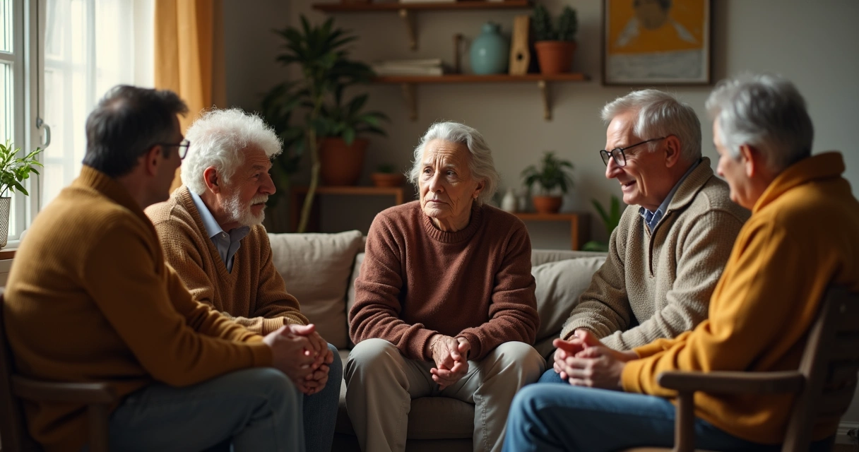 Família sentada em círculo, conversando e trocando olhares atentos 